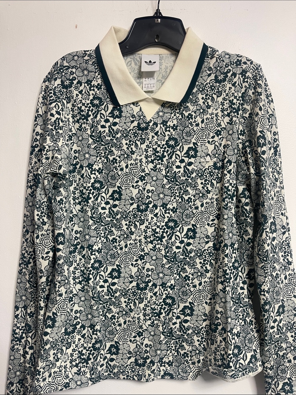 adidas Men’s Long-Sleeve Floral Polo in Cream & Dark Green